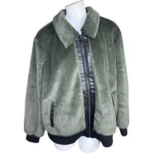 Belle by‎ Kim Gravel Faux Fur Zip Bomber w/ Faux Leather Trim Black Olive 1X